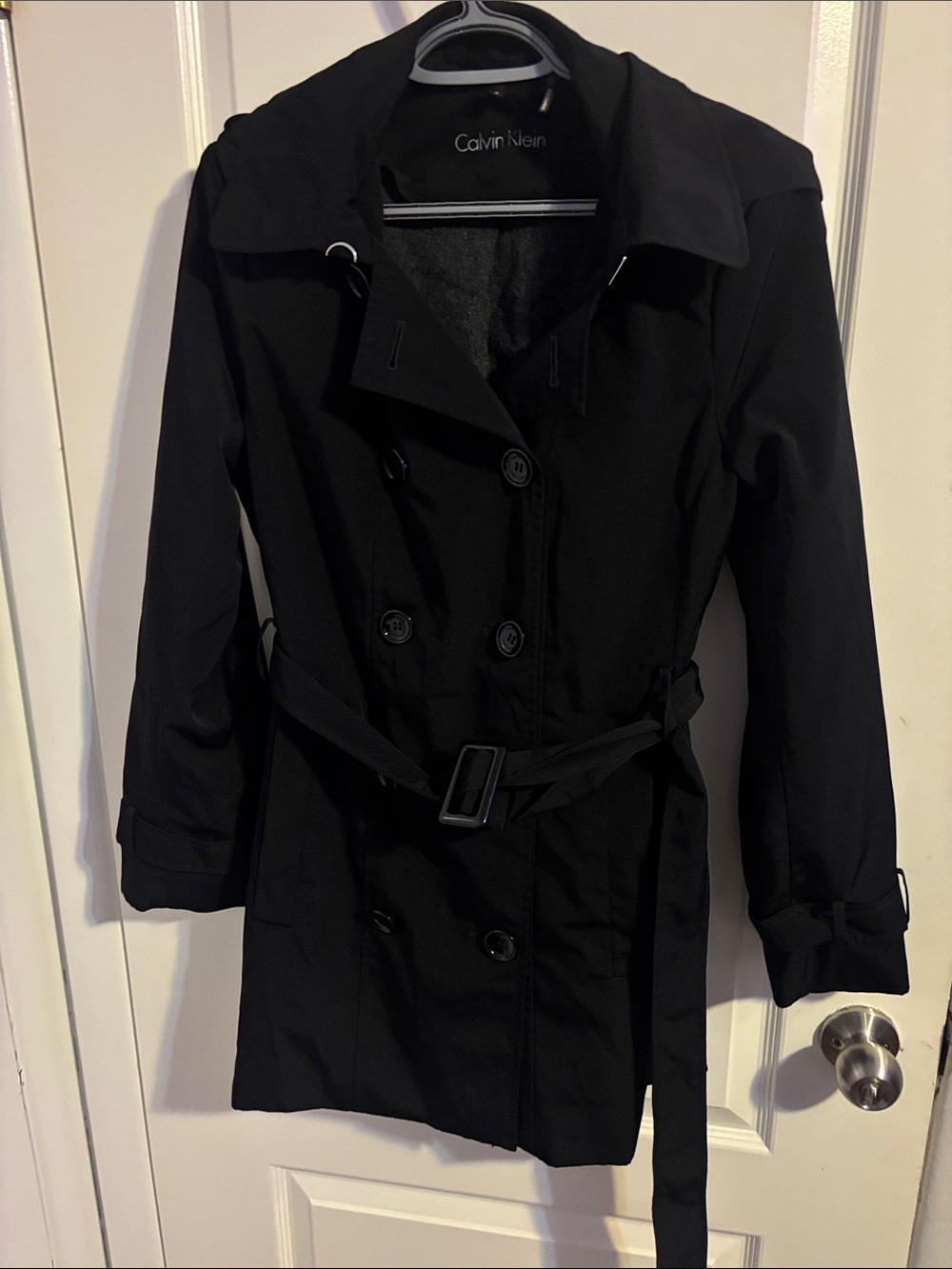 Calvin Klein Black Hooded Double-Breasted Belted Trench